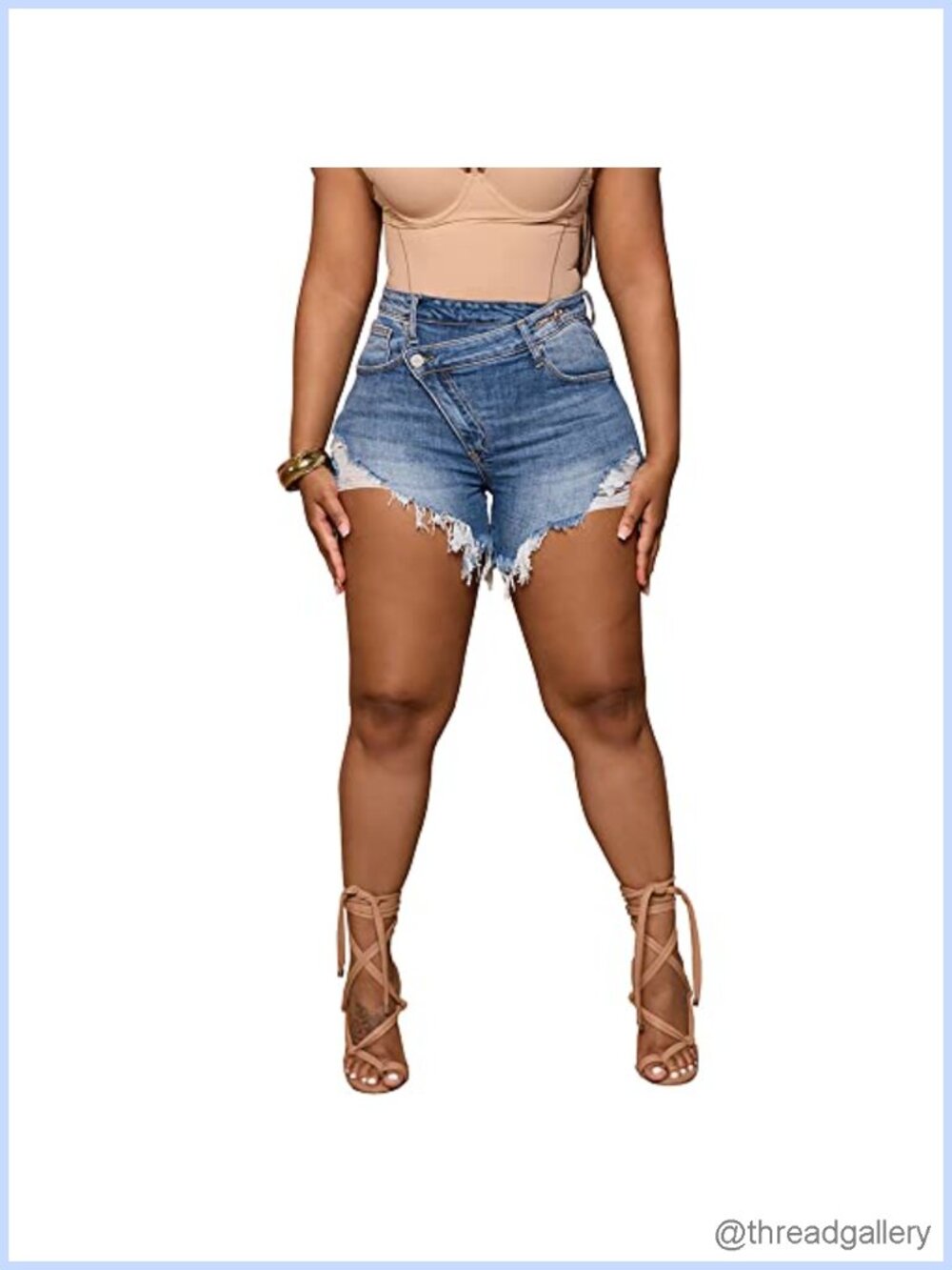 High Waisted Crossover Ripped Hem Raw Denim Shorts Cotton Blend